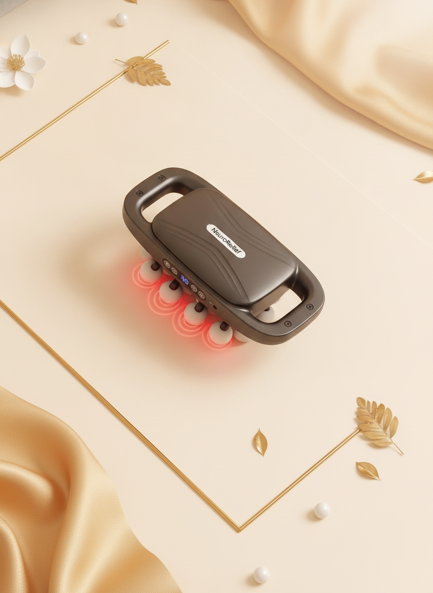 Close-up flat-lay of the NeuroRelief Advanced Pro massage gun on a cream surface, highlighting its pressure sensors and a red